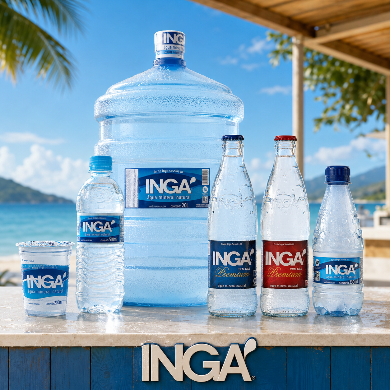 Linha completa de água mineral Ingá — galão, garrafas e copos